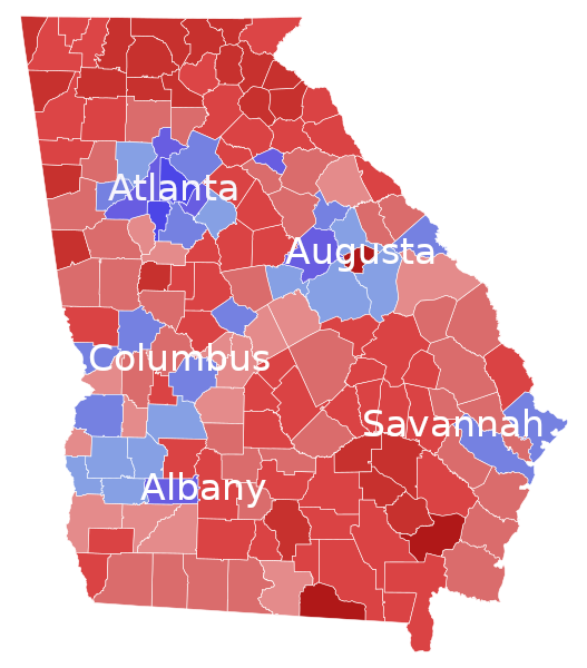 County map of red Georgia showing blue city absolute advantage.
