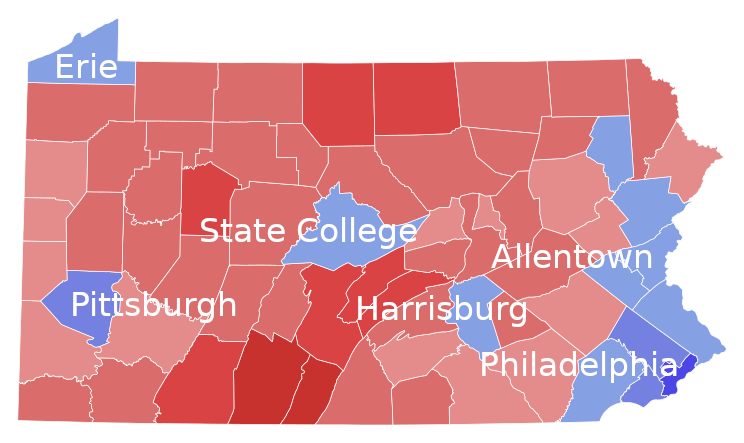 County map of red Pennsylvania showing blue city absolute advantage.